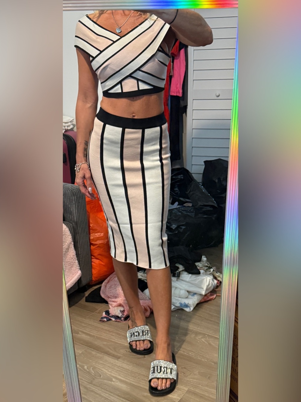 Gianni Bini Blush Pink, white & Black Knit Co-Ord Set XS | Crop Top & Midi Skirt